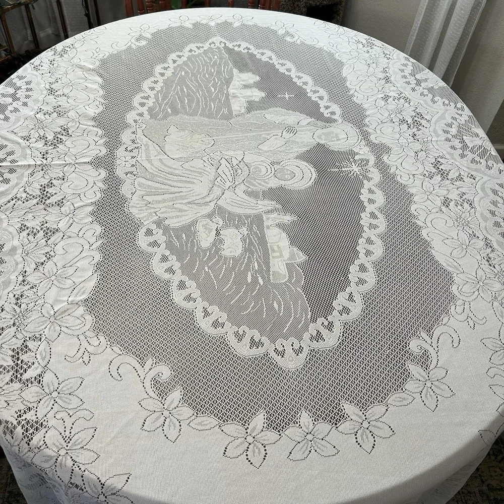 Noble Home Vintage White Lace‎ Nativity Tablecloth Scalloped Edges Ornate 60x96